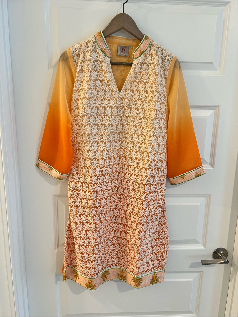 Indian Embroidered Kurta Tunic Partywear Orange White Size M US 40 IN